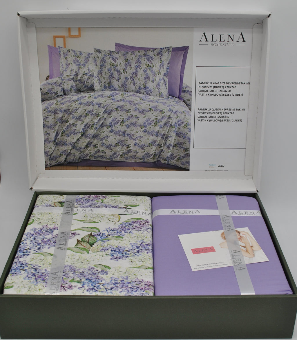 100% cotton 60-thread count bedding set – Queen Size duvet cover 200×220 cm + flat sheet 220×240 cm + 2 pillowcases 65×65 cm – gift box with ribbon