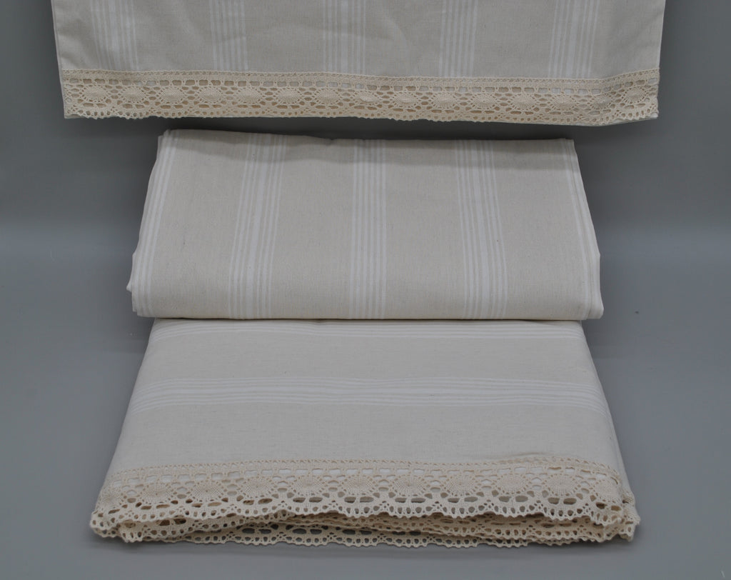 Parure de lit double tissée naturelle 220x240 – Naturel (Crème) – 50% coton & 50% lin – Taies d’oreiller dentelle | Maison Royale Collection